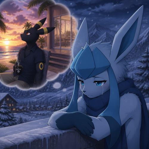 In an anthropomorphic Pokemon universe, A sad Glaceon (the adult Barron with no name) who lives in a snowy land and misses a non-rich grown Umbreon male who lives in a small modern house at the beach in Hawaii named Rick, and wishes to see him again. Well-made anime version.