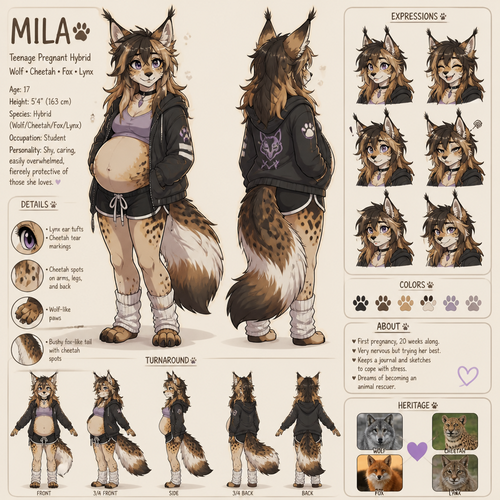 A pregnant teenager female anthropomorphic wolf cheetah fox and Lynx hybrid, reference sheet, animated version 