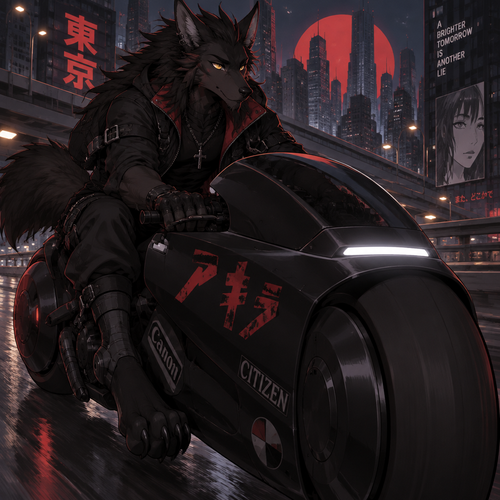 male, black fur, maned wolf, golden eyes, digitigrade footpaws, toned body,goth, anime style, riding a black Akira motorcycle
