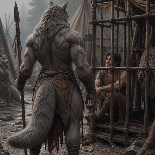A well-made grown male grey Wolf from a tribe who looks at man as a prisoner who seems to like him. Has thick thighs, round buttocks, a bushy tail, and wears a tribal cloth clothing also carries a spear. Back view.
