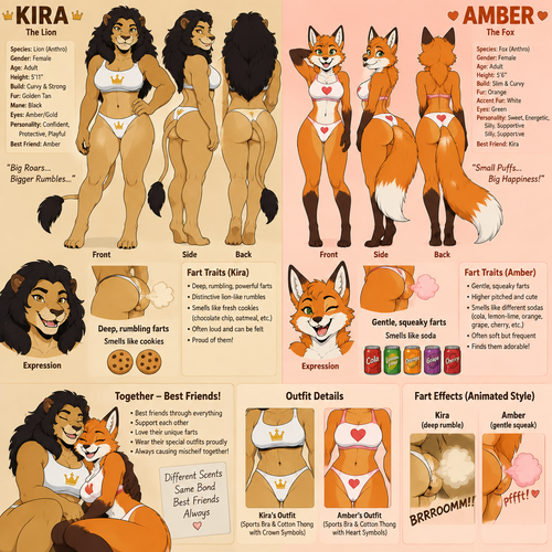 A female anthropomorphic lion named Kira that has a black mane and deep rumbling farts that smell like cookies and is best friends with a female anthropomorphic fox named Amber that has gentle squeaky farts that smell like different kinds of soda, they have special farting outfits, Kira’s outfit is a sports bra and cotton thong that has crown symbols on them and Amber’s outfit is a sports bra and cotton thong with heart symbols on them, animated version, reference sheet 