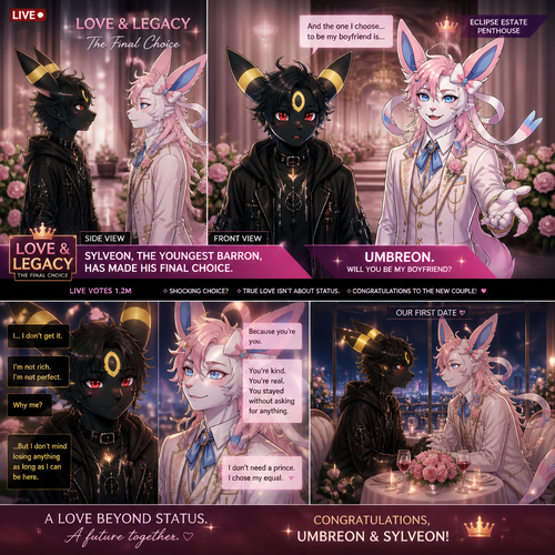 In a dating reality show on live (a well-made animated version) a non-rich half gothic grown Umbreon male is surprisingly unbelievably been accepted to become a boyfriend to this super rich grown Sylveon male as a Barron for not understanding why and doesn’t mind to lose. In an anthropomorphic universe. Never asks and want to be there but been gifted. A good ending. Side and front view. A modern present day. Been asked on a date.