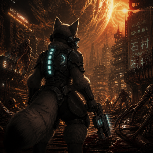 A thick fluffy Protogen in Dead Space universe, carrying a plasma cutter for self defense and fighting for survival in a city in space, close to the planet and near the sun. A well anime version. A sci-fi horror. Back view. Scary art view.