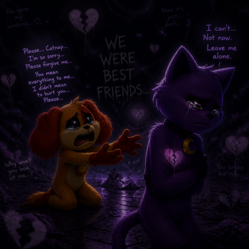 In Smiling critters verse, Dogday tries and begging for an apology for his best friend Catnap to say how sorry, but Catnap looks away and ignoring with feelings hurt and tears with anger and a heart broken. In a void like a bad dream. A broken friendship.