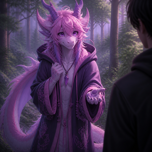 A well-made grown femboy pink and purple furred male character, a anthro Lung dragon that wears a robe with a hoodie who came out of nowhere in a forest and lost but also sees a human and wonder if like to be friends and hoped for not being tricked or worse.