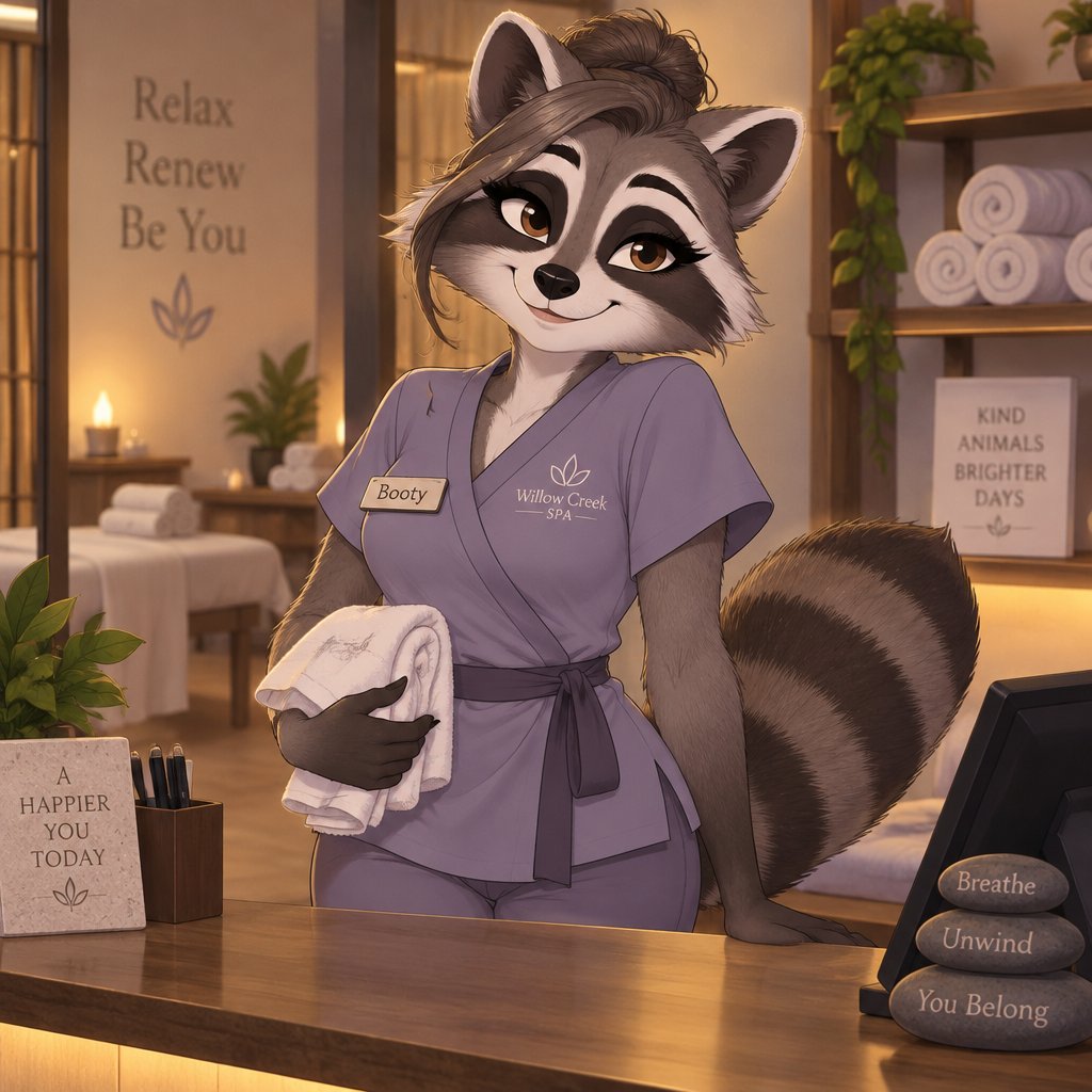 A female anthropomorphic raccoon named Booty, in her mid twenties, works at a spa, animated style