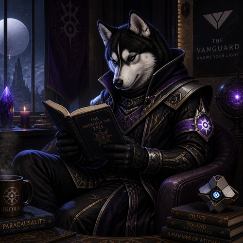 A young male Husky reading a book. Wearing Warlock armor from Destiny 2.