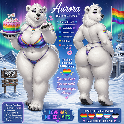 A busty well-made adult anthropomorphic polar bear female who lives in South Pole territory with a rainbow color ice cream cake on her paw. Has thick thighs and thick fur. Large looks. Front/back view. Calm and confident. Animated verse. Give a flirty look. Gives kisses sign to all LGBTQ+.