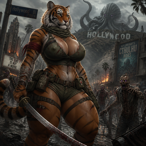 A busty well-made adult anthro Tiger that has thick thighs and survival gear on and holding a saber sword for a mixed up lovecraft zombie apocalypse, in Hollywood. 