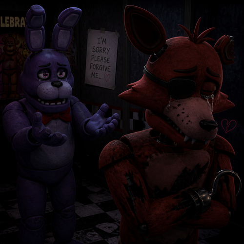 In FNAF verse, Bonnie the bunny tries and begging for an apology for his best friend Foxy the pirate fox, but Foxy looks away and ignoring with feelings hurt and tears with a heart broken.