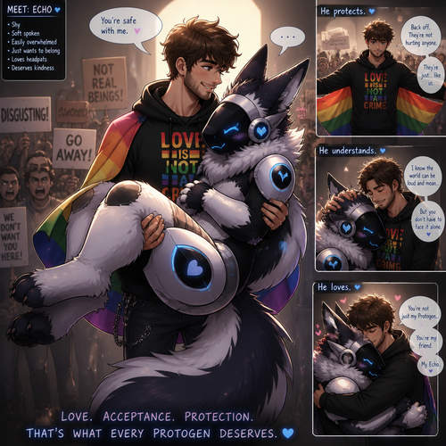A shy (well-made original character) thick grown Protogen who’s been carried by a friendly/loving Human male as a liberal and a Protogen lover who is saving from the haters. Well-made animated version.