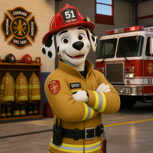 A male anthropomorphic Dalmatian firefighter at a fire station, animated style 