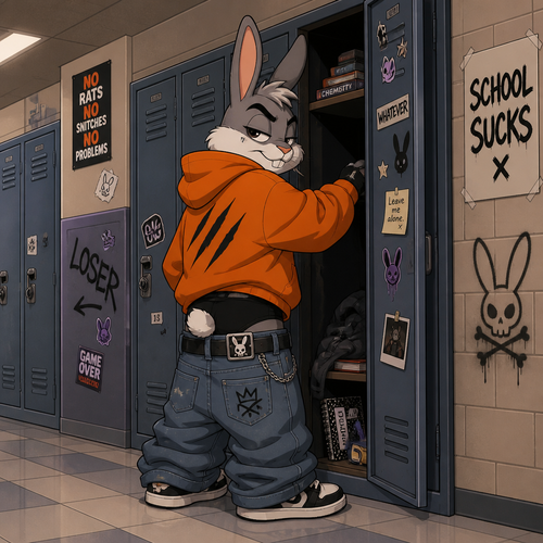 A young male grey and white delinquent rabbit wearing extremely loose jeans with a belt that has a rabbit skull design, black colored underwear that comes up above the jeans waistline, a oversized orange hoodie with a three slash mark design on the front. He is standing in front of an open locker in the hallway of a high school, the locker doesn’t belong to him but he is rummaging through it. Cartoon art style. Full body