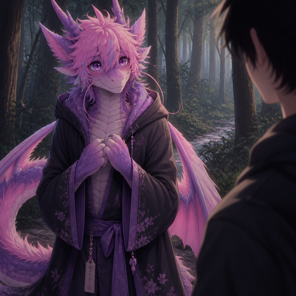A well-made shy grown femboy pink and purple furred male character, a anthro Lung dragon that wears a robe with a hoodie who came out of nowhere in a forest and lost but also sees a human and wonder if like to be friends and hoped for not being tricked or worse.