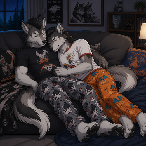 Young twin male dire wolfs sleeping on a couch cuddling together. One dire wolf is wearing mightyena theme pajama pants and a houndoom theme shirt, has a mohawk hairstyle. The other dire wolf is wearing Charizard theme pajama pants and Cinderace theme shirt. Anime art style, has slick back hairstyle. Full body