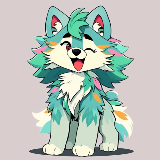 big k-9 with fluffy hair on all fours blue green pink and orange markings 