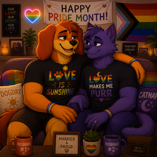 A anthropomorphic smiling critters verse. Both anthro DogDay and Catnap are both boyfriends living together and married. Sits together on a sofa. Today’s pride month. Both grownups. Animated art version. Looking at each other in wholesome.