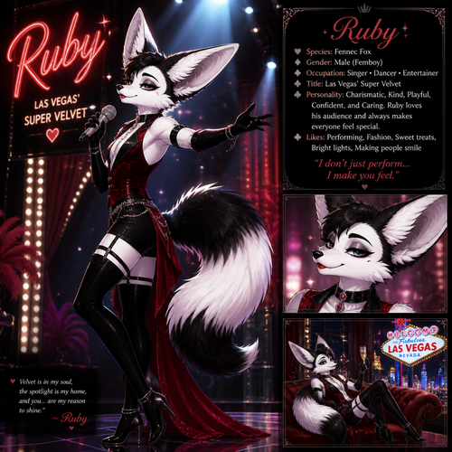 A well-made Black/white furred fennec Fox male named Ruby, wears something attractive for entertainment for a show by self to dance/sing. Wears eyeliner and lipstick. Has a bushy tail. A grown femboy anthro. A star in Las Vegas. Well groomed. Side view. Animated verse. Has good personality. Being a super velvet.