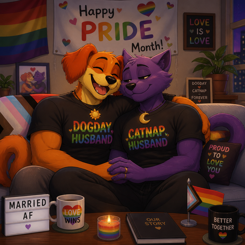 A anthropomorphic smiling critters verse. Both anthro DogDay and Catnap are both boyfriends living together and married. Sits together on a sofa. Today’s pride month. Both grownups. Animated art version.