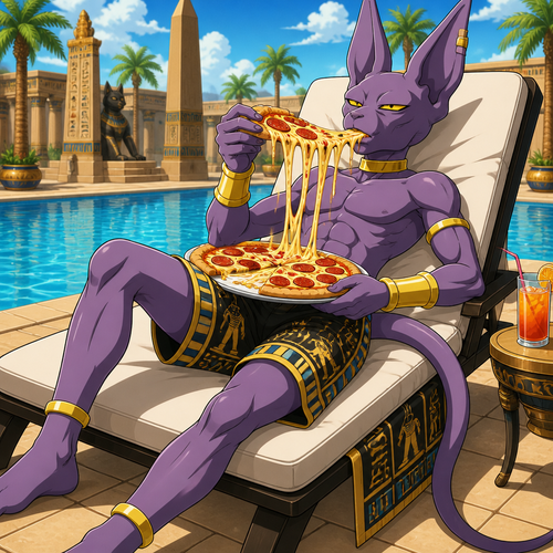 Beerus from Dragon Ball Super wearing Egyptian theme swim trunks, gold bracers, and a gold choker. He is laying on a poolside chair eating pizza that is extremely cheesy and have tons of pepperoni. Anime art style, solo, full body.