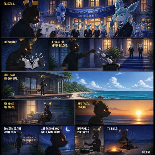 A non-rich grown Umbreon male reject and ripped the envelope and toss it to a trash can of a billionaire Glaceon (the Barron) welcoming party at the city mansion at home. Lives on a small modern house at the beach. Well-made animated version. A sad/good ending. A anthropomorphic verse. Side view.