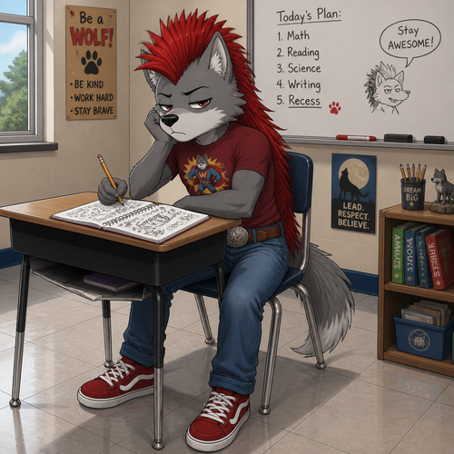 A elementary school aged male grey wolf wearing blue jeans with leather belt that has a cowboy belt buckle, tight maroon shirt with a superhero in it, red sneakers, and a red Mohawk hairstyle with the hair in the back going to the small of his back. He is sitting at a desk bored doodling in his notebook. Anime art style, full body.