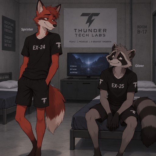 A lanky male anthropomorphic fox with red fur named Sprinter wearing a black T shirt with EX-24 on it and black shorts and a lanky male anthropomorphic raccoon named Oliver wearing a black T shirt with EX-25 on it and black shorts in a room in a lab together, the lap is “Thunder Tech Labs” and has the logo on the sleeves of their shirts and their pants legs, the room is a basic concrete room with two beds and a tv so that they are not bored, animated style