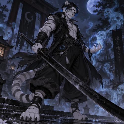 male, anthro, white tiger, short black hair with bright blue tips, black crescent on forehead, blue eyes, digitigrade footpaws, soul eater, black odachi 