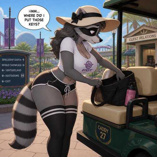 A well-made adult female raccoon character with a shirt on that has thigh highs and boobs who’s looking for something like a car keys for a caddy also wears a sun hat. Animated version. At the themed park. Side view.