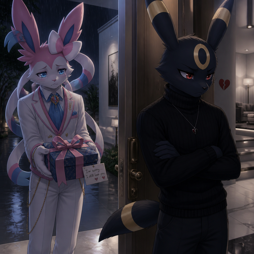A sad rich male Sylveon, who came to see and offering a gift with a bow on it for apology, Still loves his male Umbreon that wears black sweater standing on a front door inside of his modern house very unhappy to see and still has a broken heart. In the anthropomorphic universe (well-made).