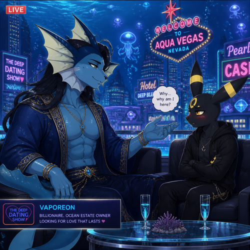 In a dating reality show on live, a very wealthy loving grown gay Vaporeon (a original male character) with buff body and dark long hair color that wears a robe (like a guardian of a deep blue sea) who invited a non-rich anthro grown Umbreon male that blush a little and doesn’t want to be here and wonder why. A well-made animated version. In the city underwater that looks like Las Vegas. A modern life. gentle and kind. Side view.