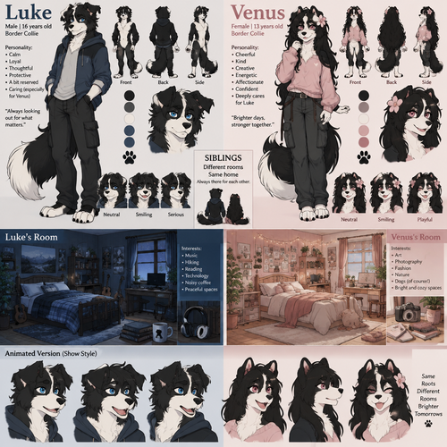 A male anthropomorphic border collie named Luke that is 16 years old and a beautiful female anthropomorphic border collie named Venus that is 13 years old, Venus and Luke are siblings, Venus and Luke have separate rooms, reference sheet, animated version 