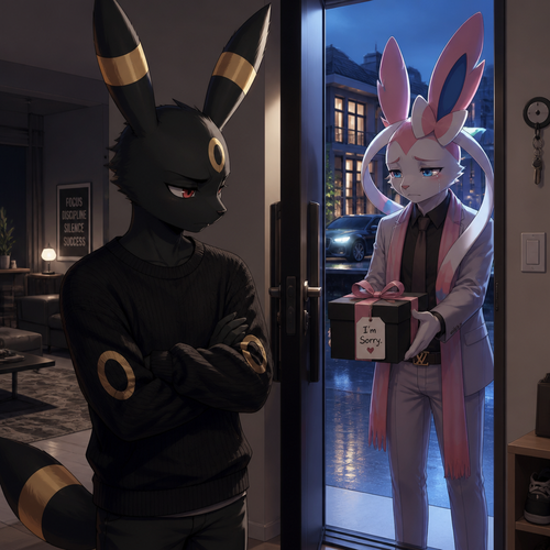An unhappy well-made Pokemon adult male character, Umbreon that wears a black sweater, wasn’t rich but lives in a modern life. standing inside of his house with a door open, sees an adult billionaire male Sylveon standing outside, and a sad look who’s offering a gift with ribbons on it for an apology. A anthropomorphic verse. Despite the drama and feelings torn.