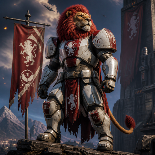 A male Lion with a red mane standing tall and proud. Wearing Titan armor from Destiny 2.