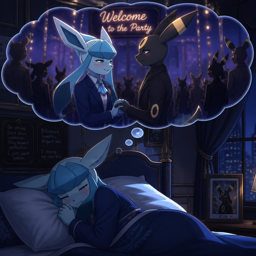 A nervous and shy Glaceon (the Barron) who’s sleeping at his bed at his mansion, dreaming about happily seeing Rick (the non-rich Umbreon male) at the welcoming party and holding hands. And smiling peacefully like being healed. Well-made animated version. A modern life. At midnight. A anthropomorphic universe. Secretly gay. Dislikes billionaire lunatics.