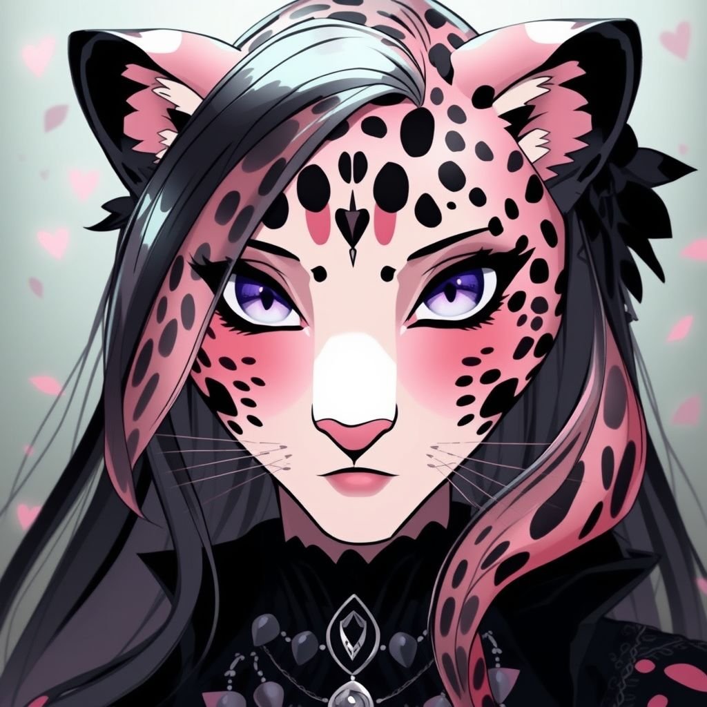 A female leopard with pink and black spots with a gothic look, she has black hair and a septum piercing