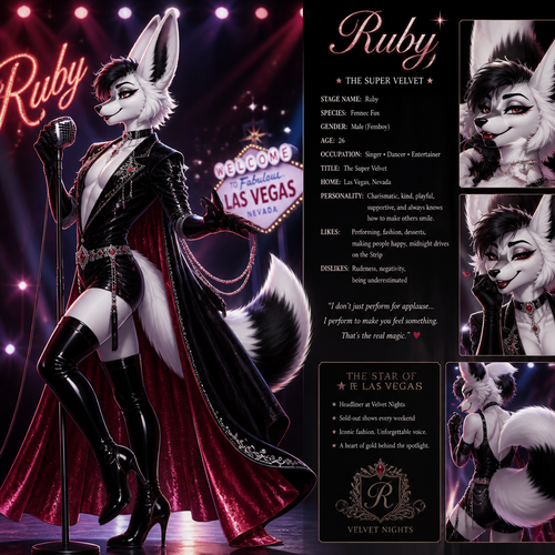 A well-made Black/white furred fennec Fox male named Ruby, wears something attractive for entertainment for a show by self to dance/sing. Wears eyeliner and lipstick. Has a bushy tail. A grown femboy anthro. A star in Las Vegas. Well groomed. Side view. Animated verse. Has good personality. Being a super velvet.