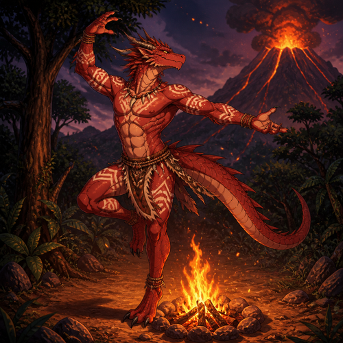 A male red dragonoid wearing a tribal loincloth and tribal tattoos. He is alone in a forest on the side of a volcano dancing around a campfire. Anime art style, solo, full body.