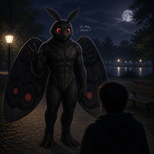 A friendly fuzzy anthropomorphic Mothman that looks attractive and means no harm while spotted a human at night in a middle of a park.