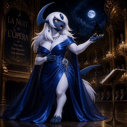 A well-made anthropomorphic Pokemon trans character, Absol who wears a silk blue dress and sings at the night of opera.