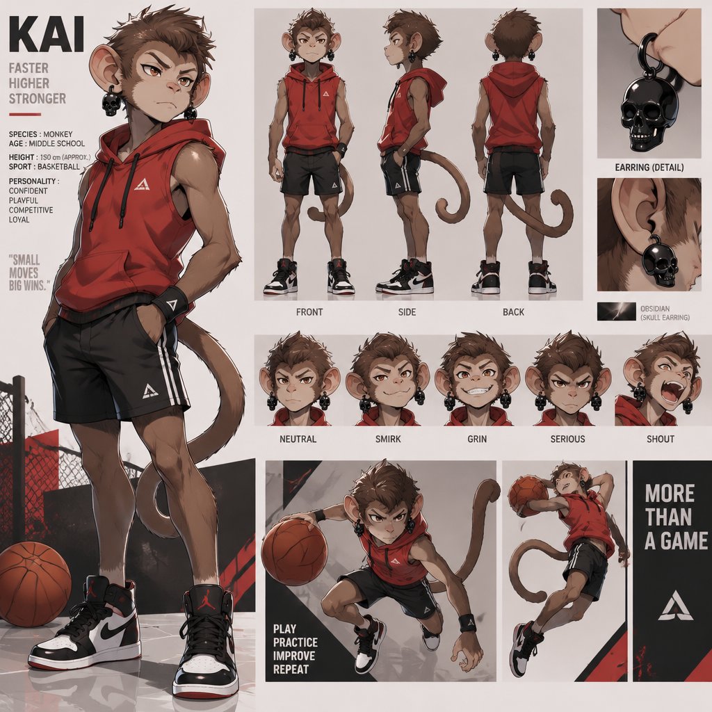 A middle school aged male monkey with a tail wearing tight black sports shorts, red sleeveless hoodie, black and white shoes, and big obsidian skull earrings in both ears. Reference sheet, anime art style, sport theme.