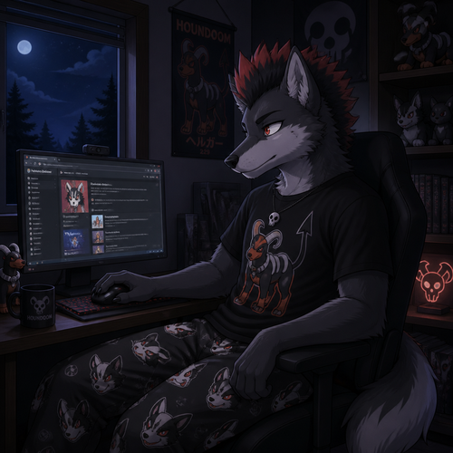 A young male dire wolf wearing mightyena theme pajama pants and houndoom theme shirt, has a mohawk hairstyle. Sitting at a computer desk browsing the web. Next to the desk built into the wall is a window showing its nighttime outside. Anime art style.