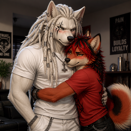  shiba inu white furry anthro t-shirt, tall white dreads long whites with metal adornments, black mark on the face, athletic build, flushed and grumpy expression, red/orange fox furry anthro t-shirt, red hair with black streaks, amber eyes, smaller than Noah and hugging Noah from the front, couple