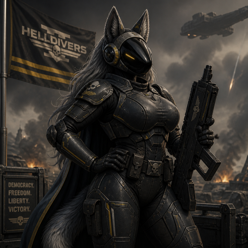 A female protogen character. wearing armor from the game Helldivers 2. A fine looking. Very mature looking adult.