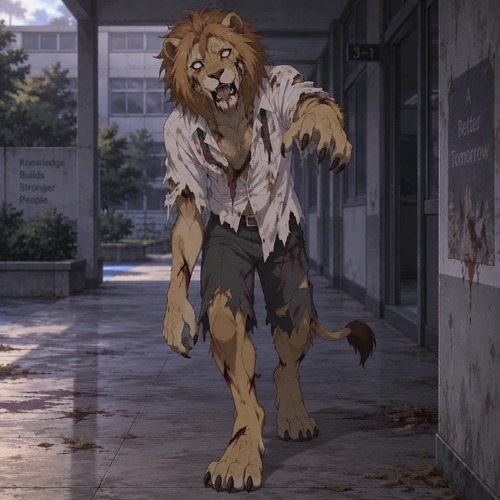 A high school aged anthropomorphic male Lion wearing a torn and ragged shorts, disheveled white button up shirt. He is wearing Zombie makeup and acting like a Zombie. Anime art style, solo, full body.