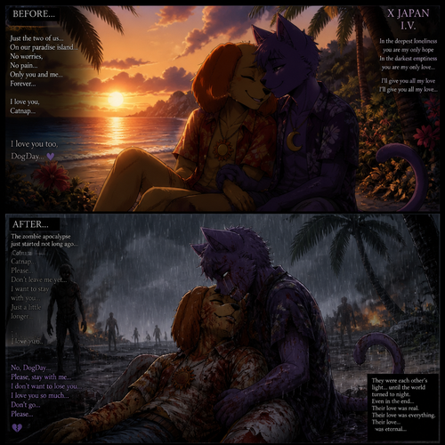In this anthro critter verse, two soulmates; DogDay (the happiest doggo) and his boyfriend Catnap (the sweet heart) both on vacation while still in love with each other on a paradise island before, but then after the zombie apocalypse just started not long ago in a rain. Well-made anime version. Gay. A sad ending. Side view. The song; X Japan, I.V. 