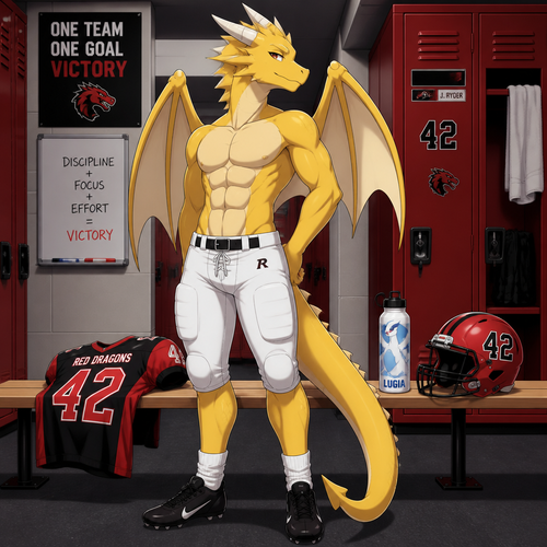 A young high school aged yellow male dragon wearing white football pants, black football shoes standing in the locker room. We can see 6 pack of abs as he is looking over his shoulder. On a bench between the football lockers lies a a red and black football jersey, a Lugia themed water bottle, and a red and black helmet with the number 42 on the sides. Anime style, front view, full body.