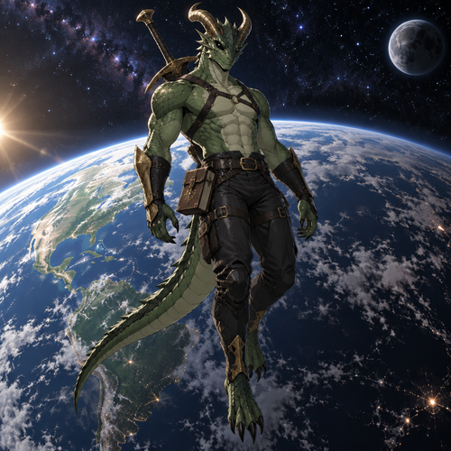 A green scaled male dragonoid with insect chitin covering his head, 2 inward curving horns, black eyes, wearing a leather harness, black leather pants, gold coverings on parts of his horns, a great sword on his back, and a leather bound journal hanging on the right side of his waist. He is floating in outer space above a planet that closely resembles Earth. Anime art style, solo, full body.