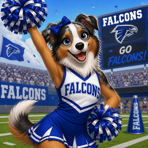 A female Australian shepherd cheerleader in a blue and white uniform cheering for a team called the “Falcons”, animated 