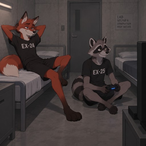 A lanky male anthropomorphic fox with red fur named Sprinter wearing a black T shirt with EX-24 on it and black shorts and a lanky male anthropomorphic raccoon named Oliver wearing a black T shirt with EX-25 on it and black shorts in a room in a lab together, the room is a basic concrete room with two beds and a tv so that they are not bored, animated style